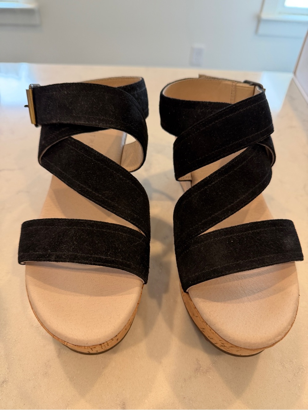 Chocolat Blu Black Suede Crisscross Cork Wedge Sandals